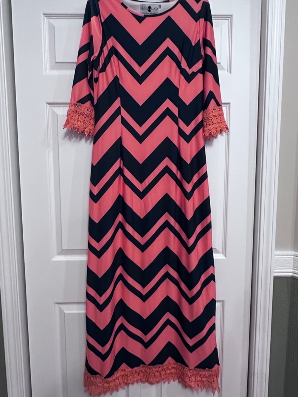 Dainty Jewells Peachy Orange & Navy Chevron Maxi Dress with Lace Trim